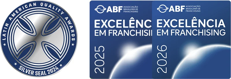 Selos ABF Excelência em Franchising 2025 e 2026 e Latin American Quality Awards 2024